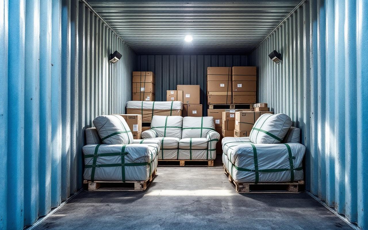 Int&eacute;rieur d'un conteneur rempli de meubles sangl&eacute;s et de cartons empil&eacute;s, avec des palettes en bois et des murs en acier ondul&eacute;, sangles de s&eacute;curit&eacute; et rails d'arrimage visibles, lumi&egrave;re naturelle douce filtrant par la porte ouverte, ambiance calme et ordonn&eacute;e aux teintes bleues et vertes.