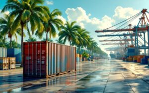 conteneur-dexpedition-sur-un-quai-de-port-tropical-avec-des-grues-et-des-palmiers-en-arriere-plan-metal-marque-par-le-sel-et-lusure-caisses-empilees-a-proximite-soleil-tropical-eclatant-crean