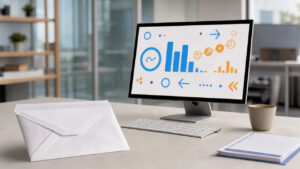 Une enveloppe électronique ouverte à côté d’un tableau d’analyse montrant de bonnes ouvertures mais peu de clics, dans un environnement de travail moderne.