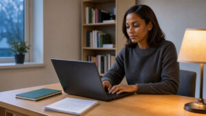 Une salariée travaille le soir sur un ordinateur à une table sobre, entourée d’un carnet de budget et de documents professionnels.